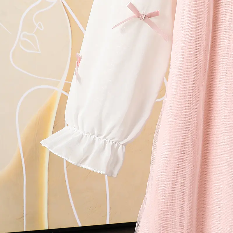 2025 New Kids Autumn Dress Pink O-Neck Long Sleeve Bow A-Line Dress For Girls 8-12 Years Sweet Style Girls Daily Casual Clothing