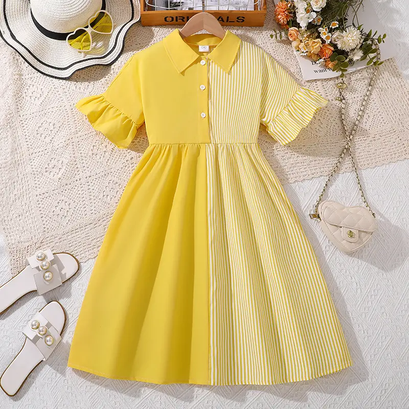 Shirt Dress For Kids Girls Yellow Patchwork Striped Button Down Short Flare Sleeve Dress Cute Girls Dress Summer Daily Custome