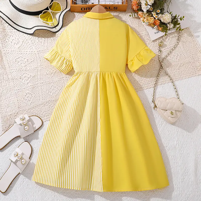 Shirt Dress For Kids Girls Yellow Patchwork Striped Button Down Short Flare Sleeve Dress Cute Girls Dress Summer Daily Custome
