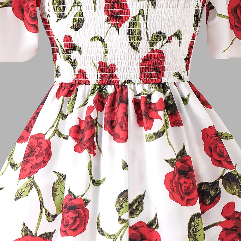 Kids Dress For Girls 8-12 Years Rose Printed Off-shoulder Sleeveless Tiered Dress Birthday Party Clothing Sweet Princess Dress