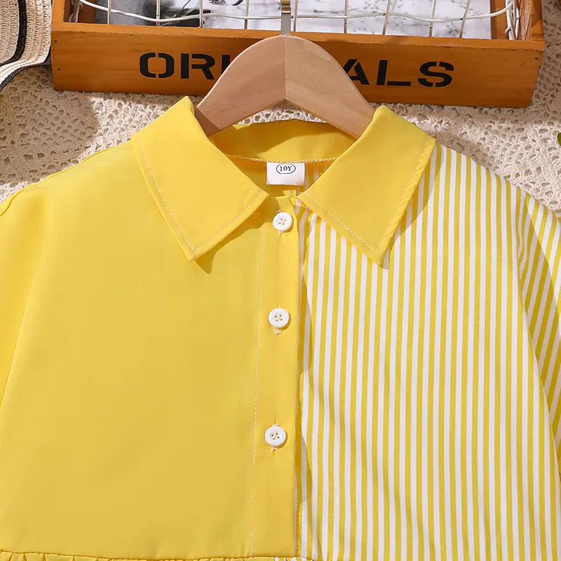 Shirt Dress For Kids Girls Yellow Patchwork Striped Button Down Short Flare Sleeve Dress Cute Girls Dress Summer Daily Custome