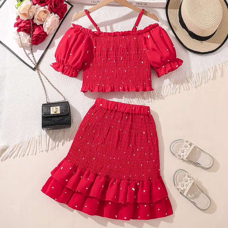 Tween Girls Sets Sweet Style Off-shoulder Shirred-Bodice Puff-Sleeve Crop-Top & Tiered Skirt 2PCS Festival Birthday Party Dating