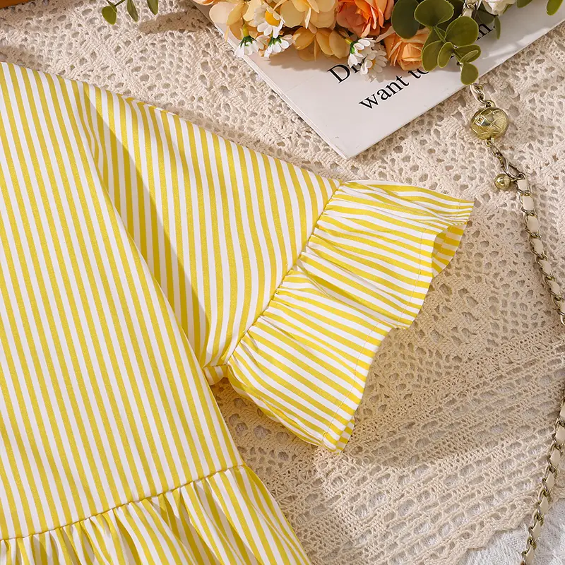 Shirt Dress For Kids Girls Yellow Patchwork Striped Button Down Short Flare Sleeve Dress Cute Girls Dress Summer Daily Custome