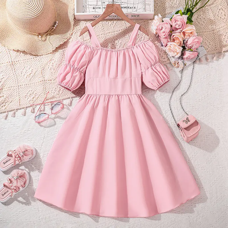 Pink Dress For Girls Button-trim Off-shoulder Puff-Sleeve Princess Dress Sweet Style Preteen Girls Dress Birthday Party Dating O