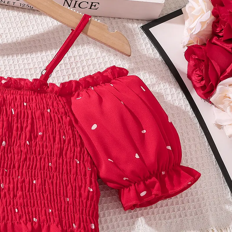 Tween Girls Sets Sweet Style Off-shoulder Shirred-Bodice Puff-Sleeve Crop-Top & Tiered Skirt 2PCS Festival Birthday Party Dating