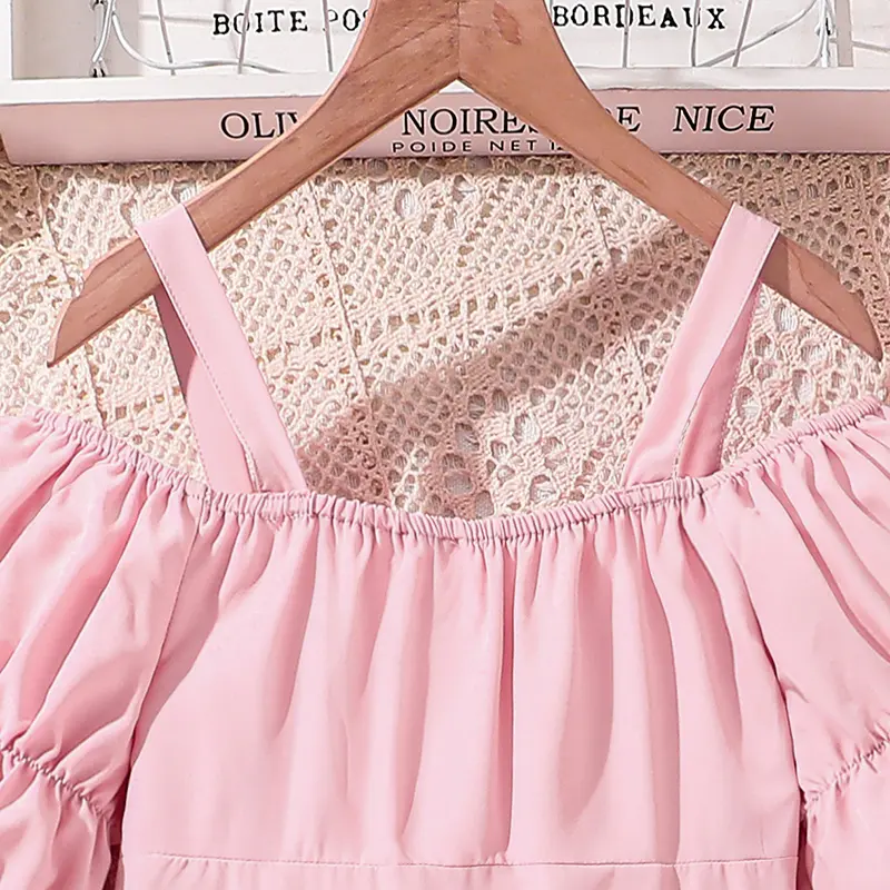 Pink Dress For Girls Button-trim Off-shoulder Puff-Sleeve Princess Dress Sweet Style Preteen Girls Dress Birthday Party Dating O