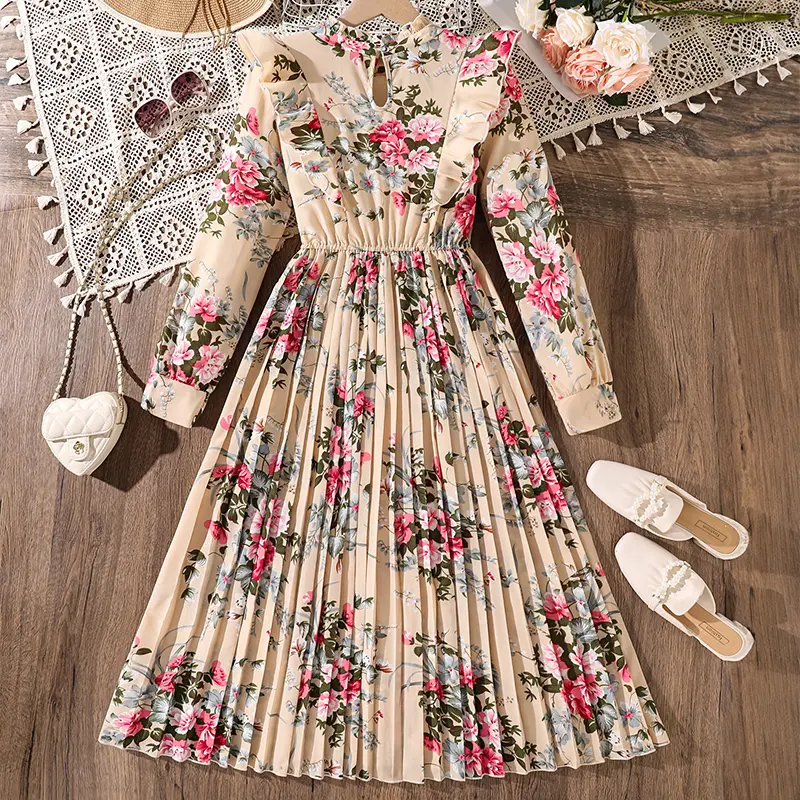 Teen Summer DressCasual and Cute Floral Print Pleated HemHand Collar Daytime Resort Chic