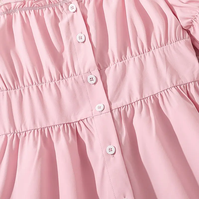 Pink Dress For Girls Button-trim Off-shoulder Puff-Sleeve Princess Dress Sweet Style Preteen Girls Dress Birthday Party Dating O