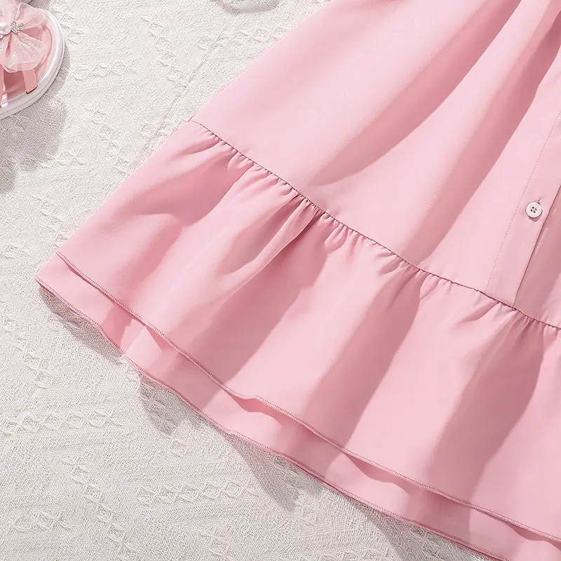Pink Dress For Girls Button-trim Off-shoulder Puff-Sleeve Princess Dress Sweet Style Preteen Girls Dress Birthday Party Dating O