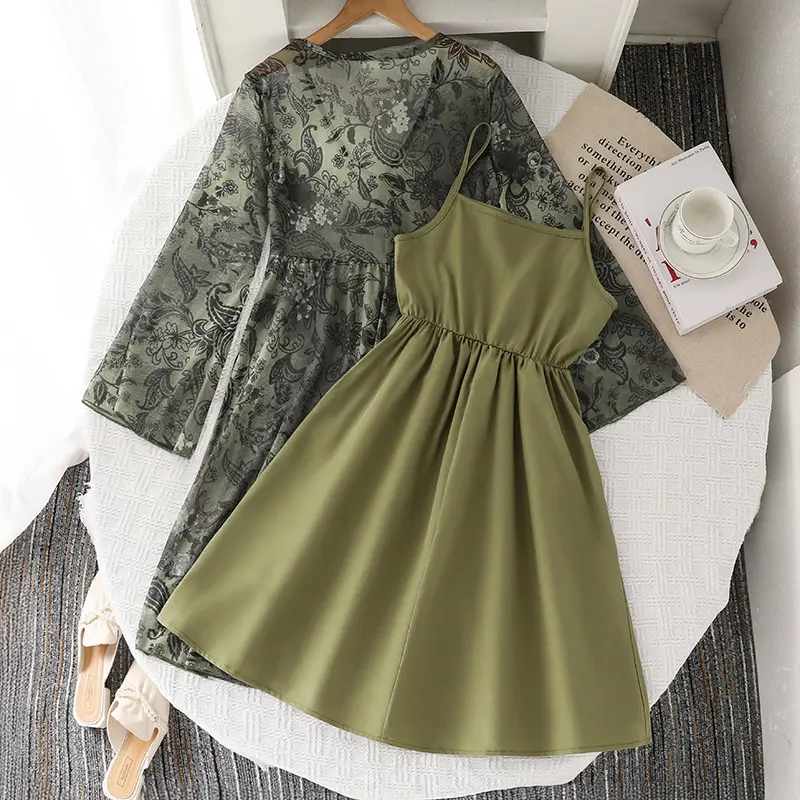 Summer New 2PCS Girls Clothing Solid Army Green Sling A-Line Dress & Print Light And Thin Sun-Protective Clothing For Girls