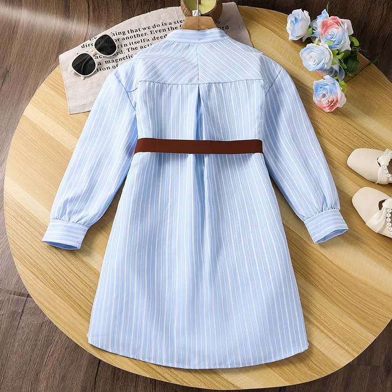 2025 New Autumn Girls Dress Solid Color Blue V-Neck Single Breasted Long Sleeve A-Line Dress For Girls 8-12 Years Fashion Daily
