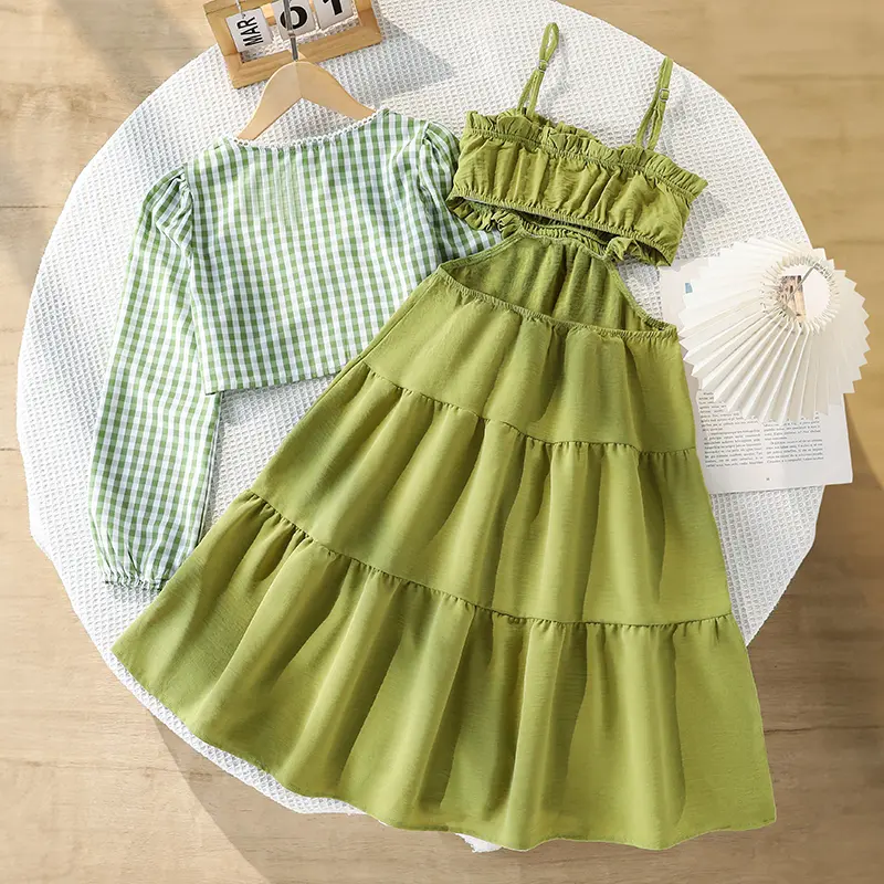 Summer New 2PCS Kids Set Green Plaid Long Sleeve Coat & Sling Winkle A-Line Dress For Girls 8-12 Years Daily Vacation Clothing