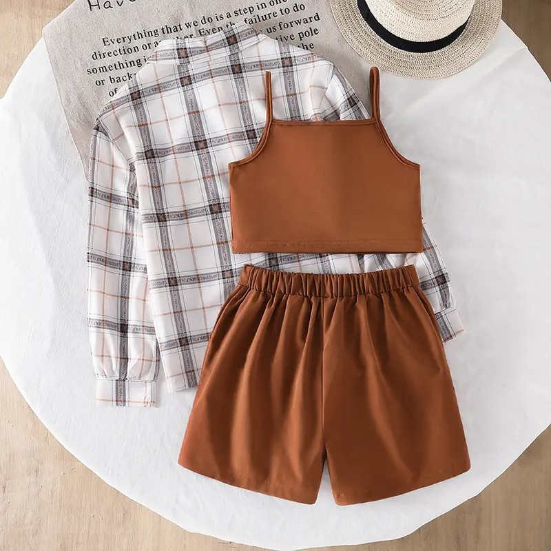 Spring And Autumn Kids Clothing 3PCS Plaid Turn Down Collar Single Breasted Long Sleeve Coat & Solid Color Khaki Vest And Shorts