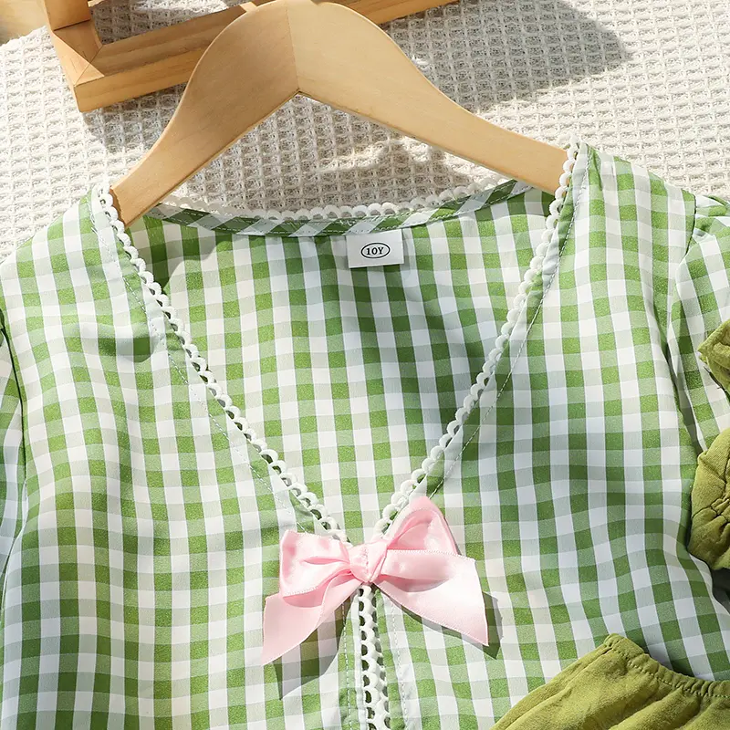 Summer New 2PCS Kids Set Green Plaid Long Sleeve Coat & Sling Winkle A-Line Dress For Girls 8-12 Years Daily Vacation Clothing