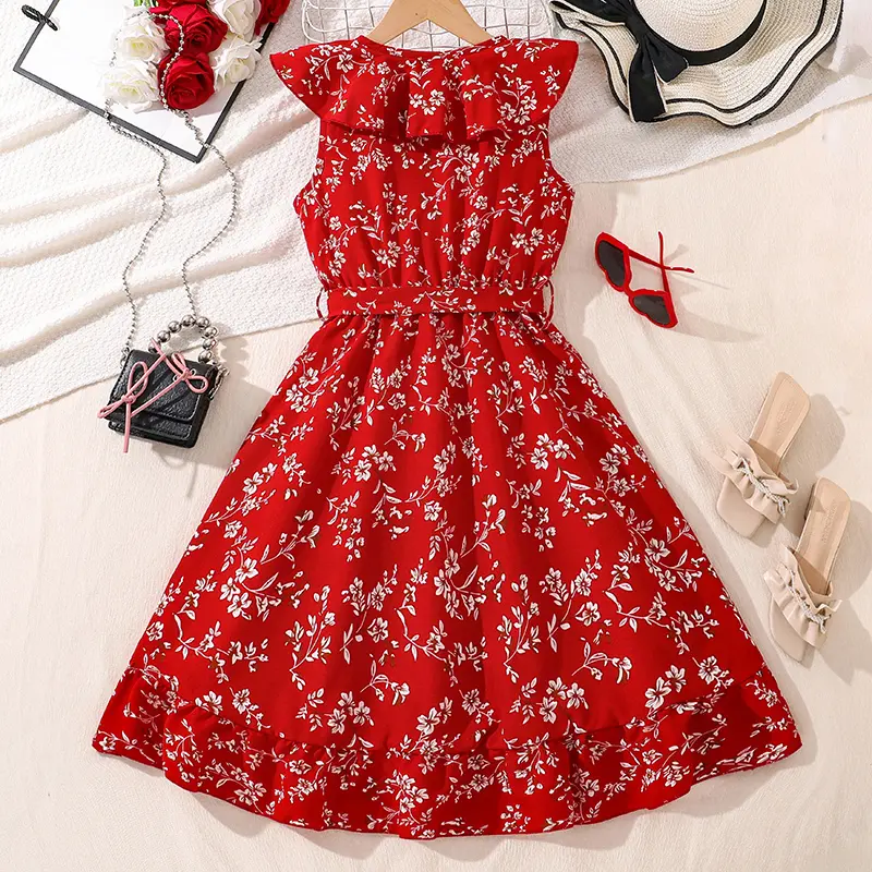 Kids Red Floral Dress Ruffled Irregular-Hem Sleeveless V-neck Dress Summer Vacation Party Festival Children Clothes Kids Costume