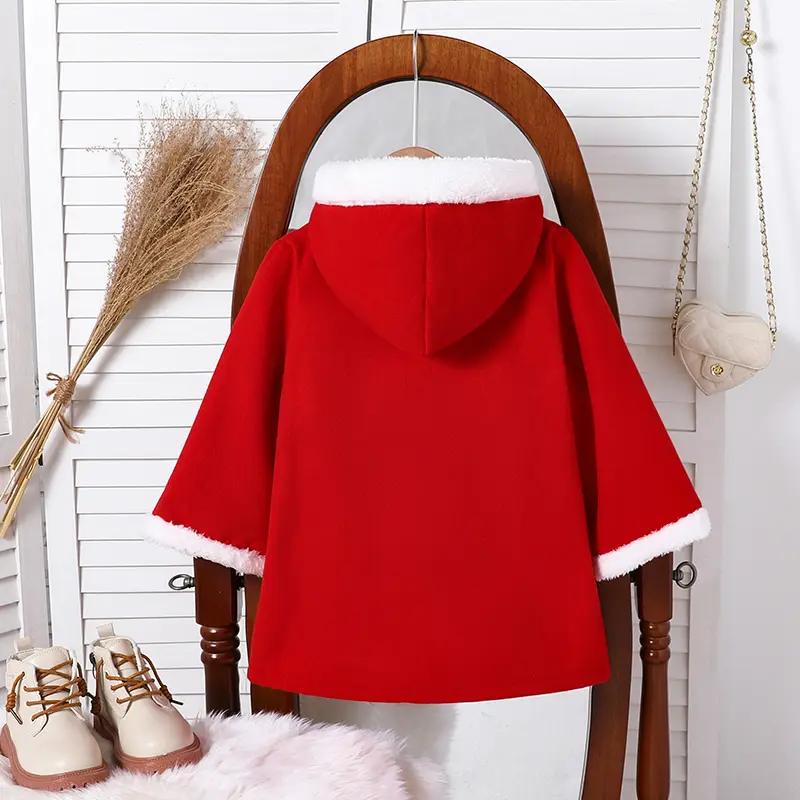 Girls Cute Wide Hooded Long Sleeves Red Buttoned Coat Christmas 2025 Princess Party Fall Outfit 4-7 Years Old