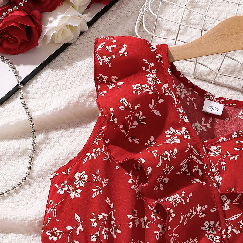 Kids Red Floral Dress Ruffled Irregular-Hem Sleeveless V-neck Dress Summer Vacation Party Festival Children Clothes Kids Costume