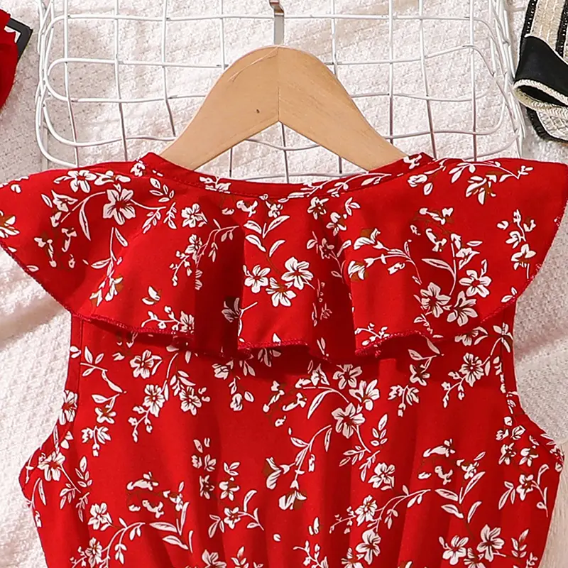 Kids Red Floral Dress Ruffled Irregular-Hem Sleeveless V-neck Dress Summer Vacation Party Festival Children Clothes Kids Costume