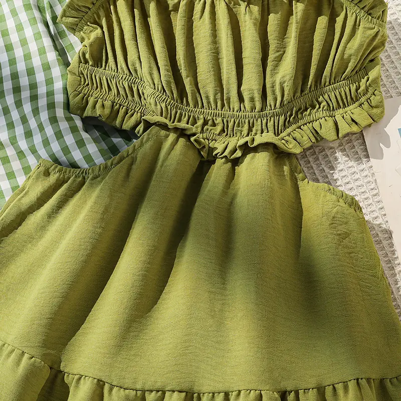 Summer New 2PCS Kids Set Green Plaid Long Sleeve Coat & Sling Winkle A-Line Dress For Girls 8-12 Years Daily Vacation Clothing