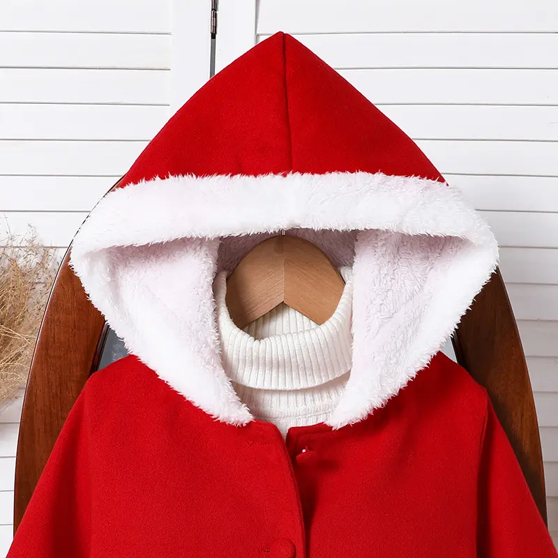 Girls Cute Wide Hooded Long Sleeves Red Buttoned Coat Christmas 2025 Princess Party Fall Outfit 4-7 Years Old