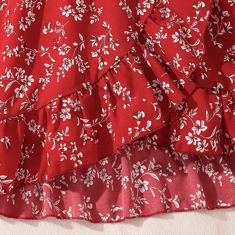 Kids Red Floral Dress Ruffled Irregular-Hem Sleeveless V-neck Dress Summer Vacation Party Festival Children Clothes Kids Costume
