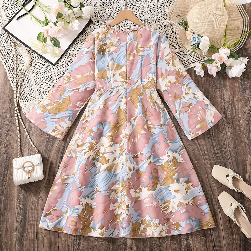 Girls Pretty Princess Dress Autumn Colorful V-Neck Long Sleeve Bandage A-Line Dress For Girls 8-12 Years Sweet Party Clothing