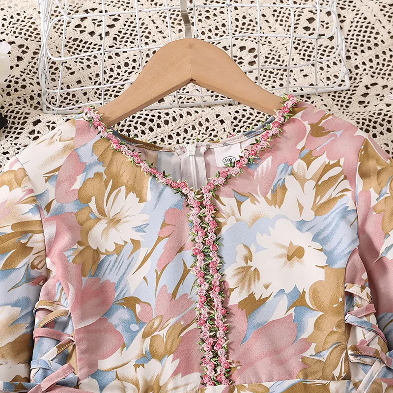 Girls Pretty Princess Dress Autumn Colorful V-Neck Long Sleeve Bandage A-Line Dress For Girls 8-12 Years Sweet Party Clothing