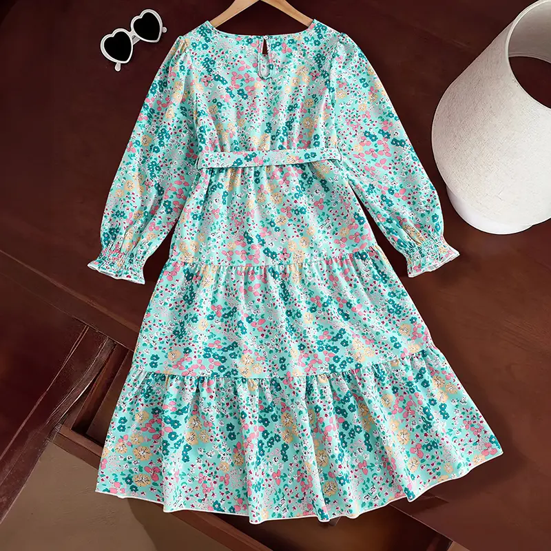 New Hot Sale Spring & Autumn O-Neck Long Sleeve Floral Print Belt A-Line Dress For Girls 8-12 Years Daliy Country-Style Clothing