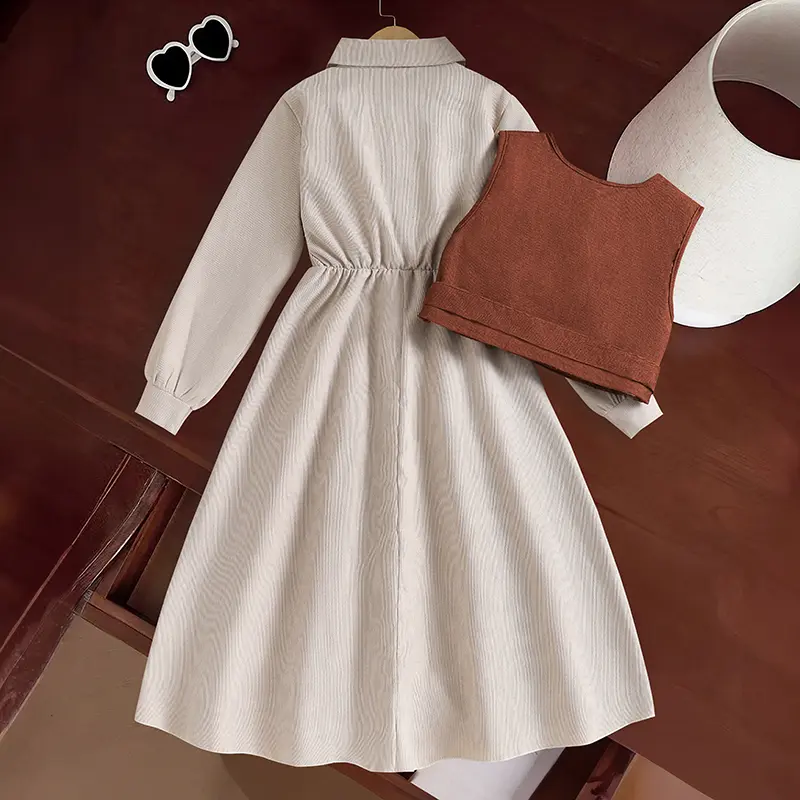 Autumn New 2PCS Kids Outfit Solid Color Brown Sleeveless Vest & Solid Color Beige Turn Down Collar Long Sleeve A-Line Dress
