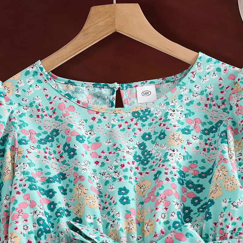 New Hot Sale Spring & Autumn O-Neck Long Sleeve Floral Print Belt A-Line Dress For Girls 8-12 Years Daliy Country-Style Clothing
