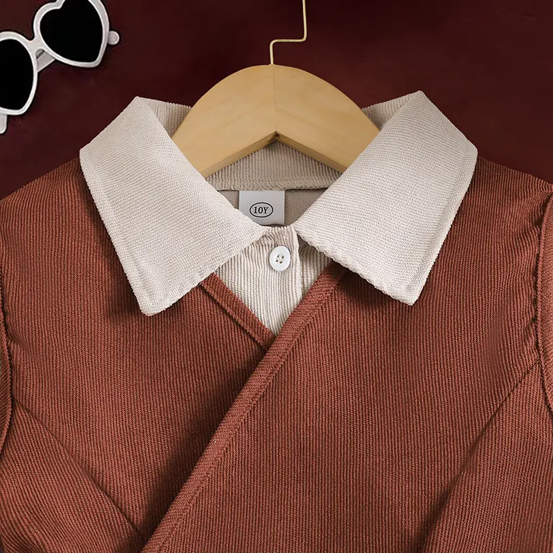Autumn New 2PCS Kids Outfit Solid Color Brown Sleeveless Vest & Solid Color Beige Turn Down Collar Long Sleeve A-Line Dress