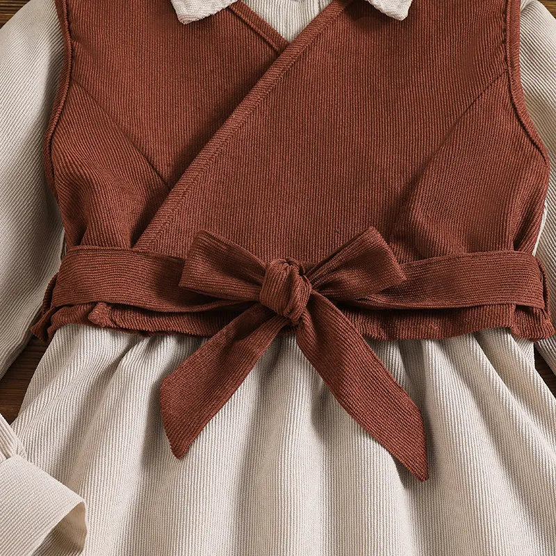 Autumn New 2PCS Kids Outfit Solid Color Brown Sleeveless Vest & Solid Color Beige Turn Down Collar Long Sleeve A-Line Dress