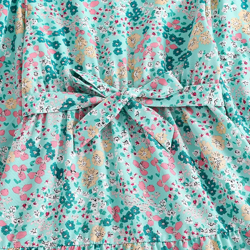 New Hot Sale Spring & Autumn O-Neck Long Sleeve Floral Print Belt A-Line Dress For Girls 8-12 Years Daliy Country-Style Clothing