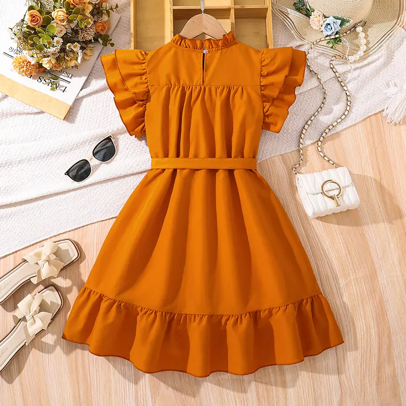 Girls Dress 8-12 Years Ruched Belted Ruffled Short Sleeve Dress Trendy Summer Modest Daily Casual Baptism Gown Kids Costume OOTD