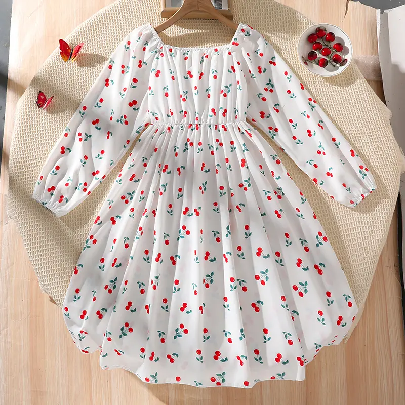 Spring And Autumn New White Cherry Print Red Bow Square Collar Long Sleeve A-Line Dress For Girls 8-12 Cute Years Princess Dress