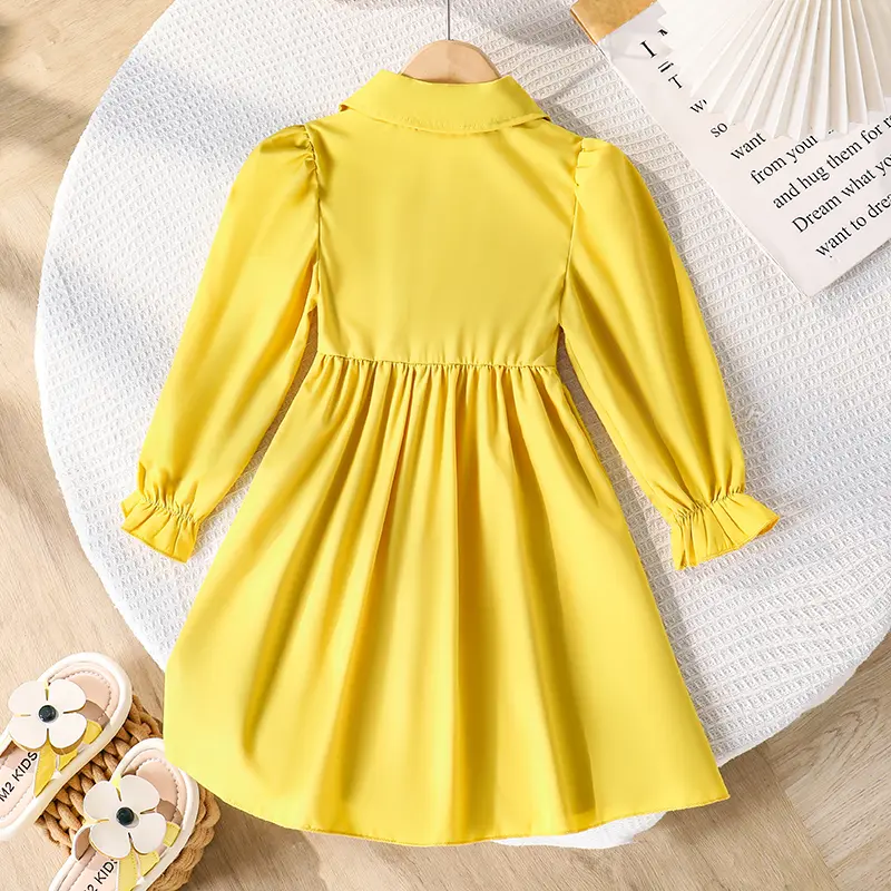 Girls Dress Autumn 2025 Solid Color Yellow Floral Print Turn Down Collar Long Sleeve A-Line Dress For Girls 4-7 Years Daily Set