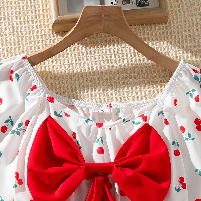 Spring And Autumn New White Cherry Print Red Bow Square Collar Long Sleeve A-Line Dress For Girls 8-12 Cute Years Princess Dress