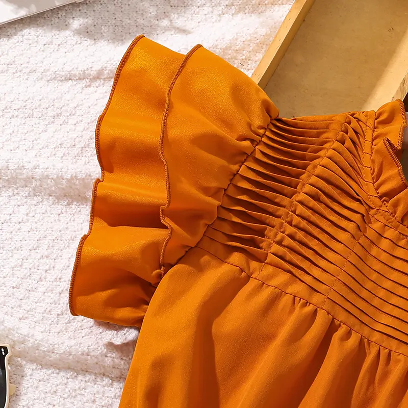 Girls Dress 8-12 Years Ruched Belted Ruffled Short Sleeve Dress Trendy Summer Modest Daily Casual Baptism Gown Kids Costume OOTD