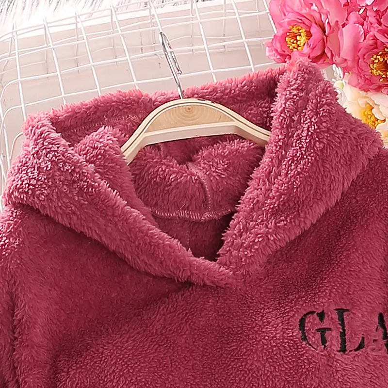 Winter Autumn Girls Suit Pink Coral Velvet Hoodie & Coral Velvet Pants Long Sleeves Loose Comfortable Daily Causal Kids Outfit