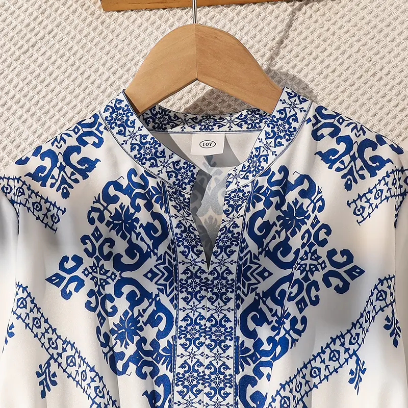 2025 Spring And Autumn New Kids Set Blue Print V-Neck Long Sleeve Belt A-Line Dress For Girls 8-12 Years Vacation Country Style