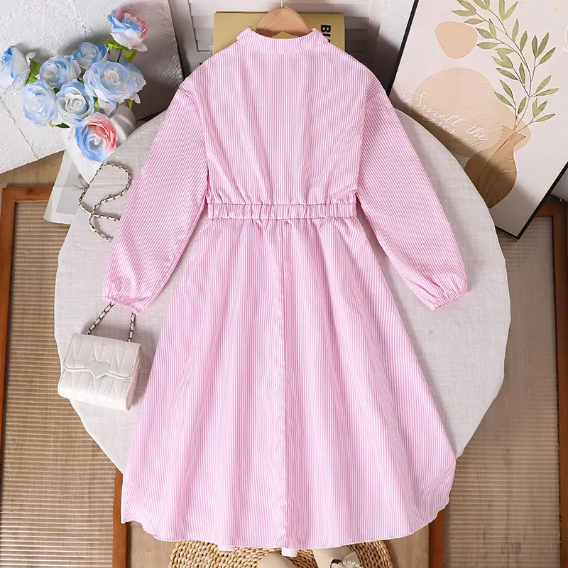 Kids Clothing Solid Color Pink Turn-Down Collar Pocket Single Breasted Long Sleeve A-Line Dress Fir Girls 8-12 Years Daily Set