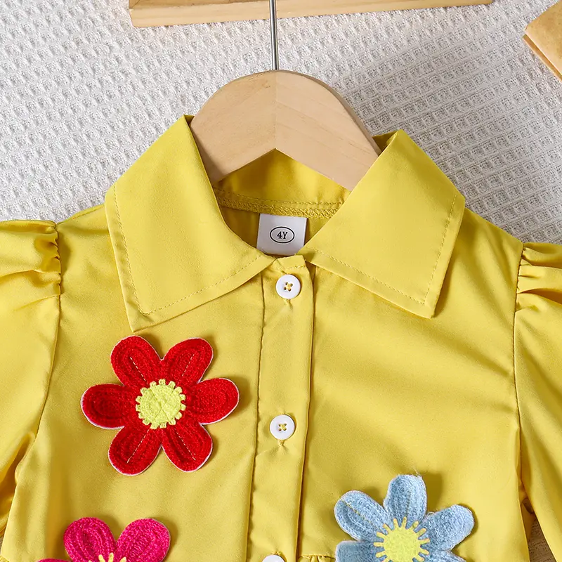 Girls Dress Autumn 2025 Solid Color Yellow Floral Print Turn Down Collar Long Sleeve A-Line Dress For Girls 4-7 Years Daily Set