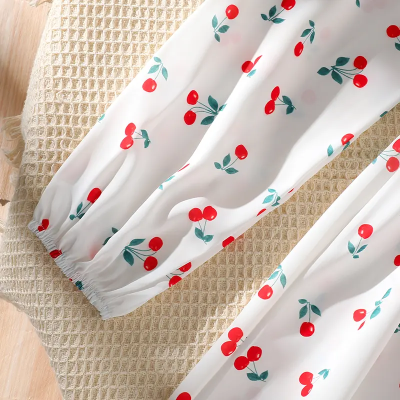 Spring And Autumn New White Cherry Print Red Bow Square Collar Long Sleeve A-Line Dress For Girls 8-12 Cute Years Princess Dress