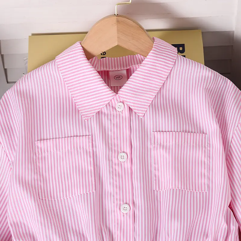 Kids Clothing Solid Color Pink Turn-Down Collar Pocket Single Breasted Long Sleeve A-Line Dress Fir Girls 8-12 Years Daily Set