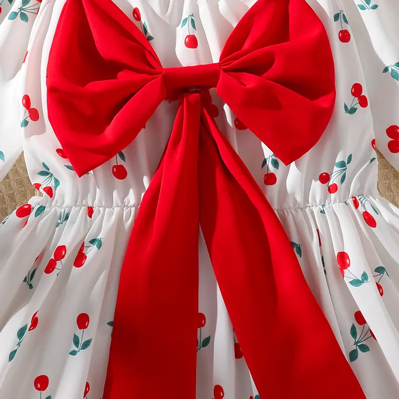 Spring And Autumn New White Cherry Print Red Bow Square Collar Long Sleeve A-Line Dress For Girls 8-12 Cute Years Princess Dress