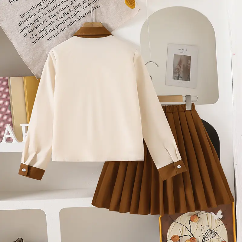Autumn 2PCS Girls Suit Beige Turn Down Collar Single Breasted Long Sleeve Coat & Solid Color Brown Skirt For Girls Preppy Style