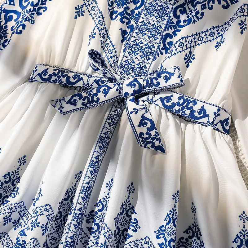 2025 Spring And Autumn New Kids Set Blue Print V-Neck Long Sleeve Belt A-Line Dress For Girls 8-12 Years Vacation Country Style