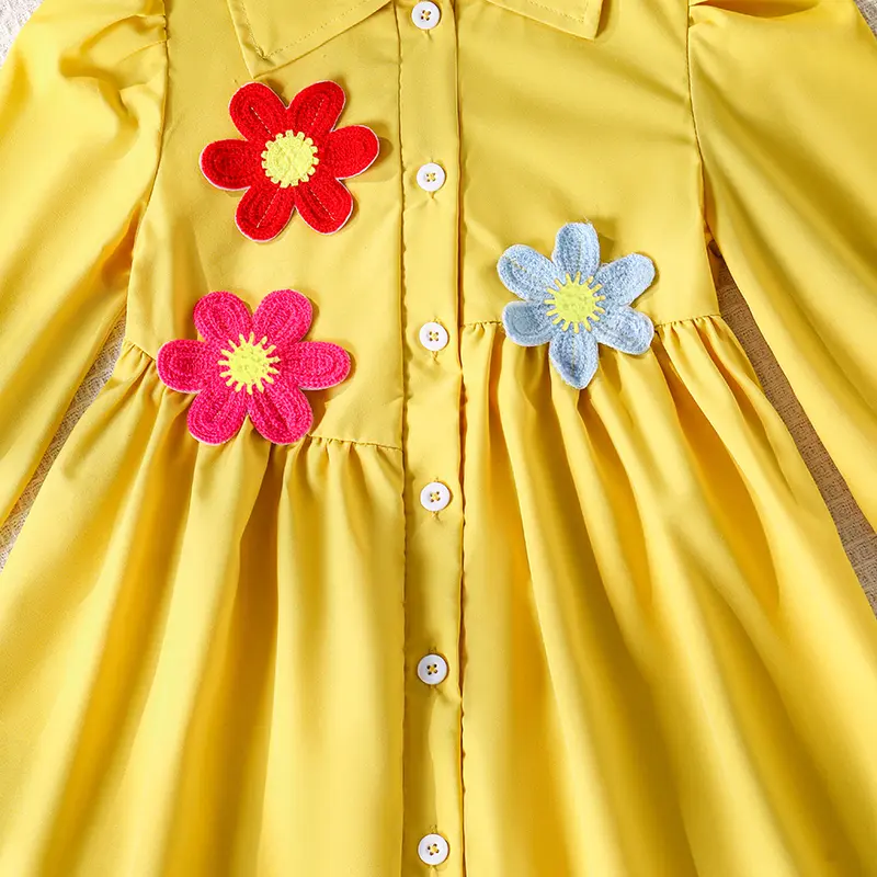 Girls Dress Autumn 2025 Solid Color Yellow Floral Print Turn Down Collar Long Sleeve A-Line Dress For Girls 4-7 Years Daily Set