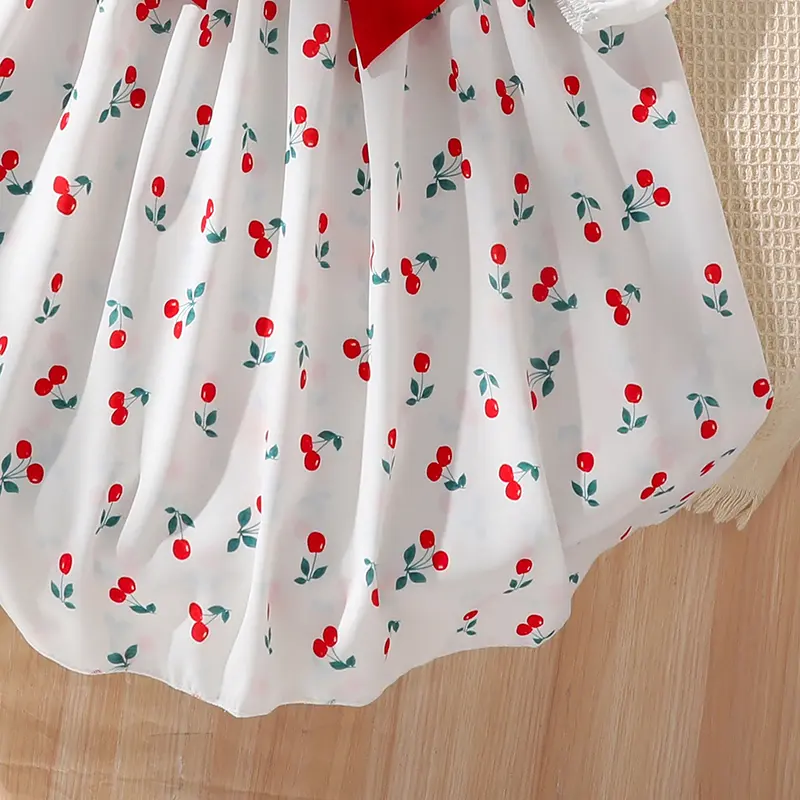 Spring And Autumn New White Cherry Print Red Bow Square Collar Long Sleeve A-Line Dress For Girls 8-12 Cute Years Princess Dress
