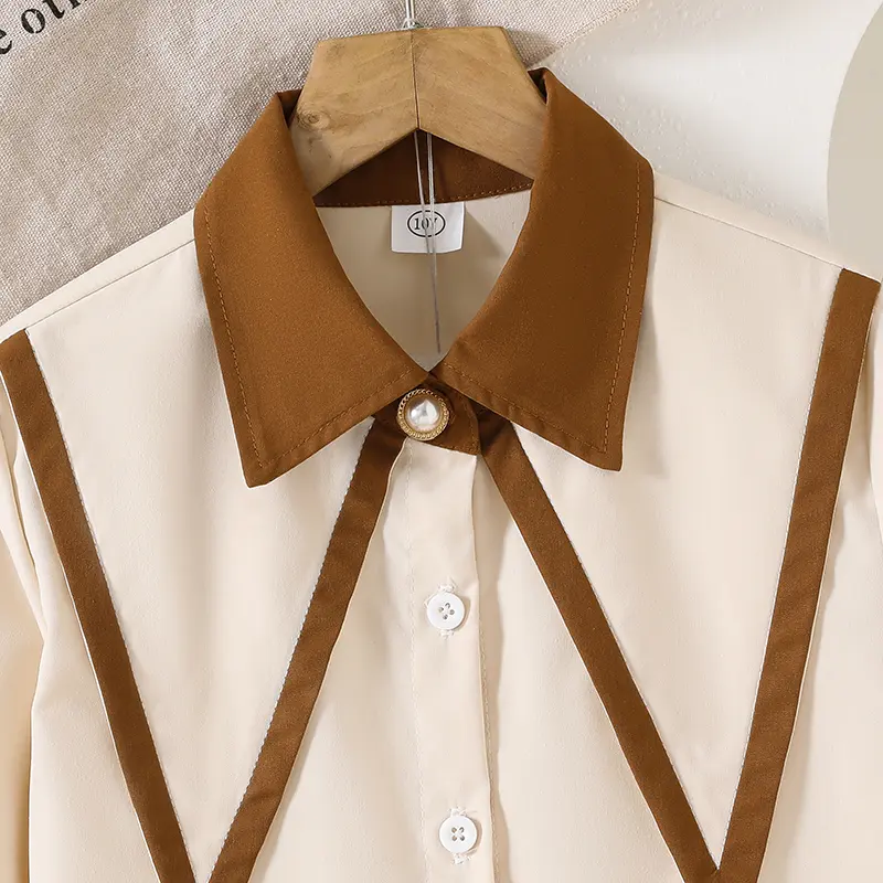 Autumn 2PCS Girls Suit Beige Turn Down Collar Single Breasted Long Sleeve Coat & Solid Color Brown Skirt For Girls Preppy Style